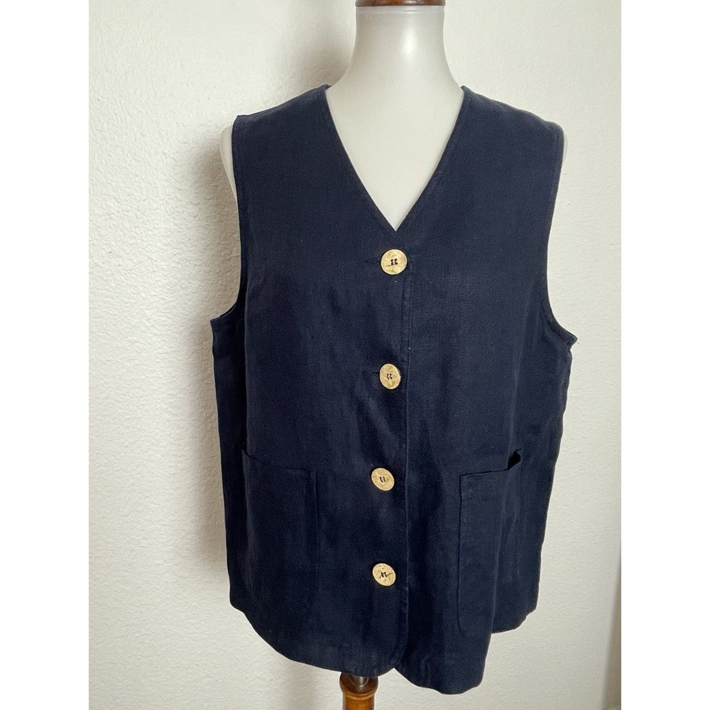 Karen Kane Vest Vintage Women M Button Front V Neck Linen Blue Neutral Layering